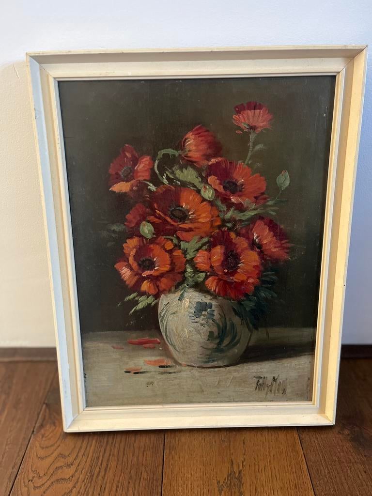 Tilly Moes / Klaprozen 44 x 35 cm / schilderij bieden!, Antiek en Kunst, Ophalen of Verzenden