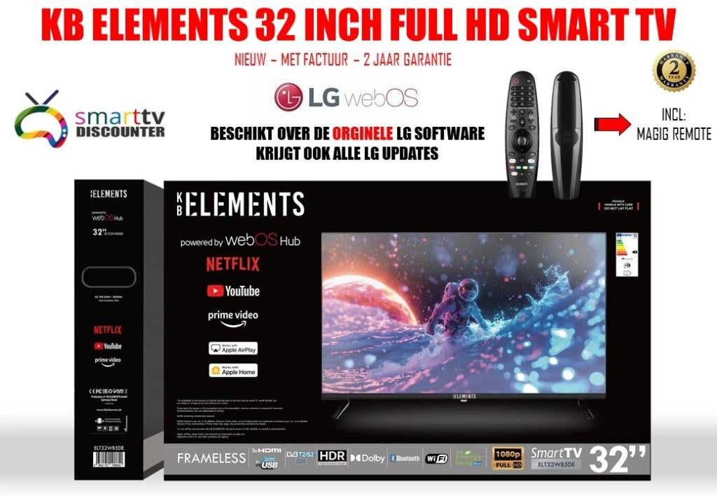 KB ELEMENTS 32 INCH FHD SMART TV FRAMELESS, Overige merken, LED, 50 Hz, Nieuw