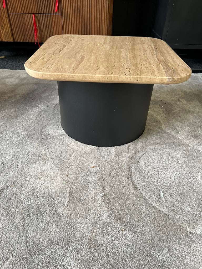 Salontafel travertin 60x60 met zwarte mangohout poot, Info@savoireinteriors.com, Japandi, 50 tot 100 cm, Vierkant