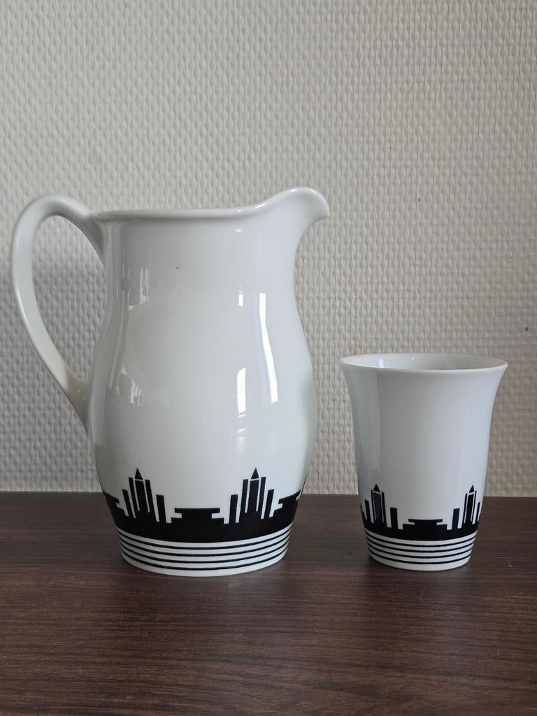 Antieke melkset kan beker Mosa Art Deco skyline porselein, Ophalen of Verzenden