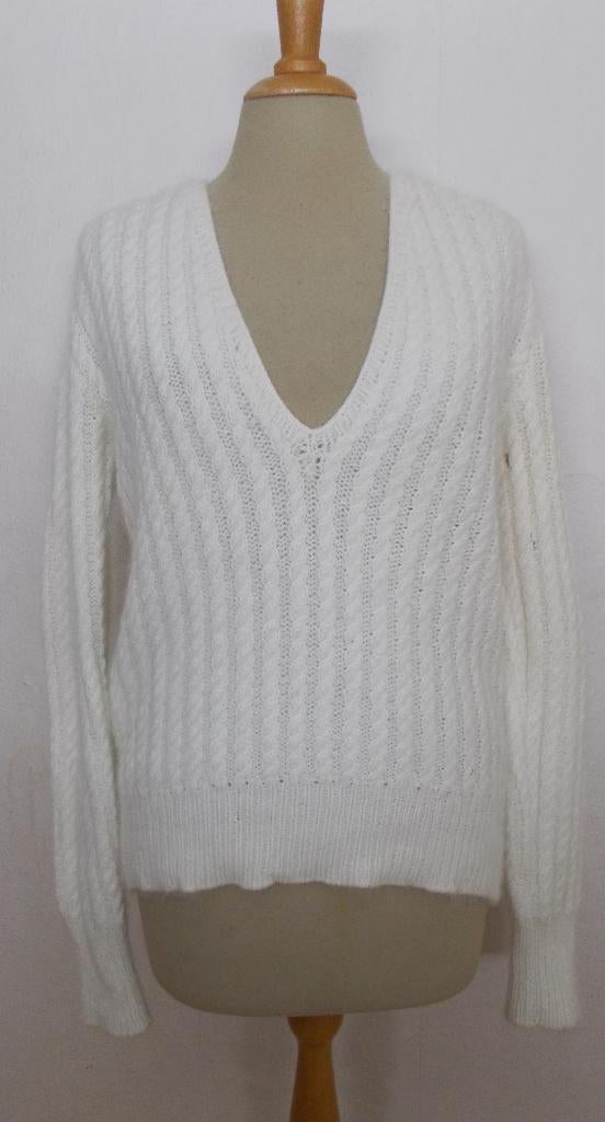 Beige zachte angora wol handgemaakte kabel trui! L, Ophalen of Verzenden, Zo goed als nieuw, Maat 42/44 (L), Beige