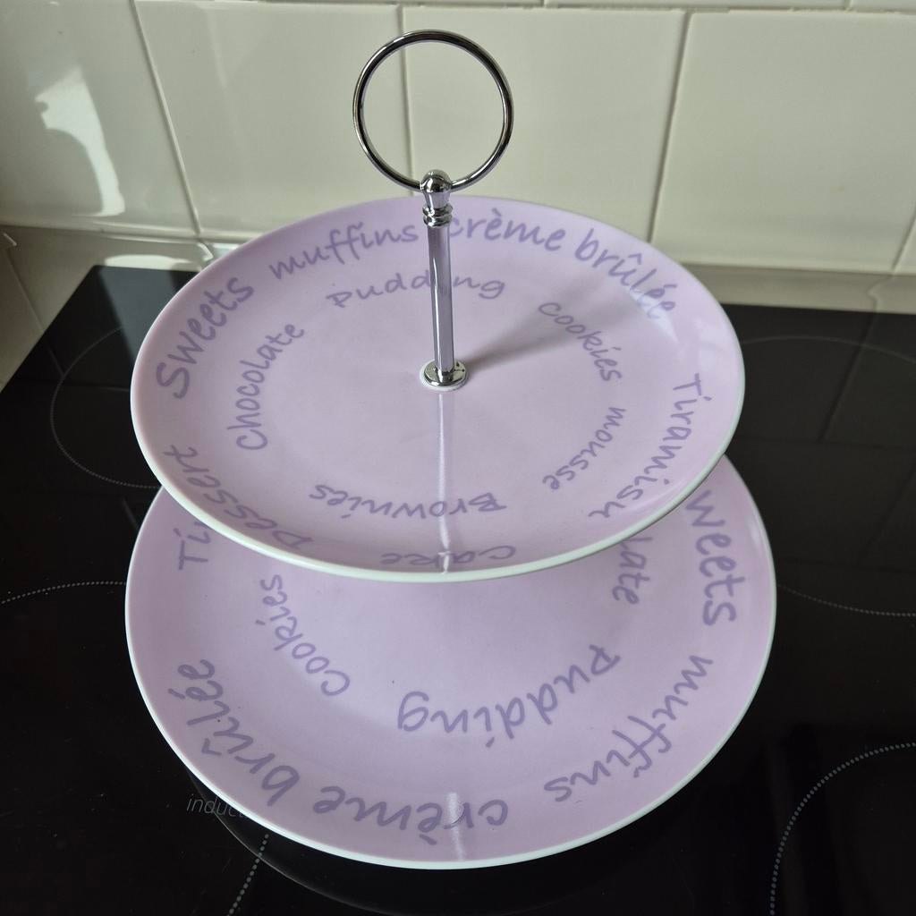Etagere kleur LIla, tekst paars, taartplateau 27,5 cm bord, Huis en Inrichting, Ophalen of Verzenden, Zo goed als nieuw