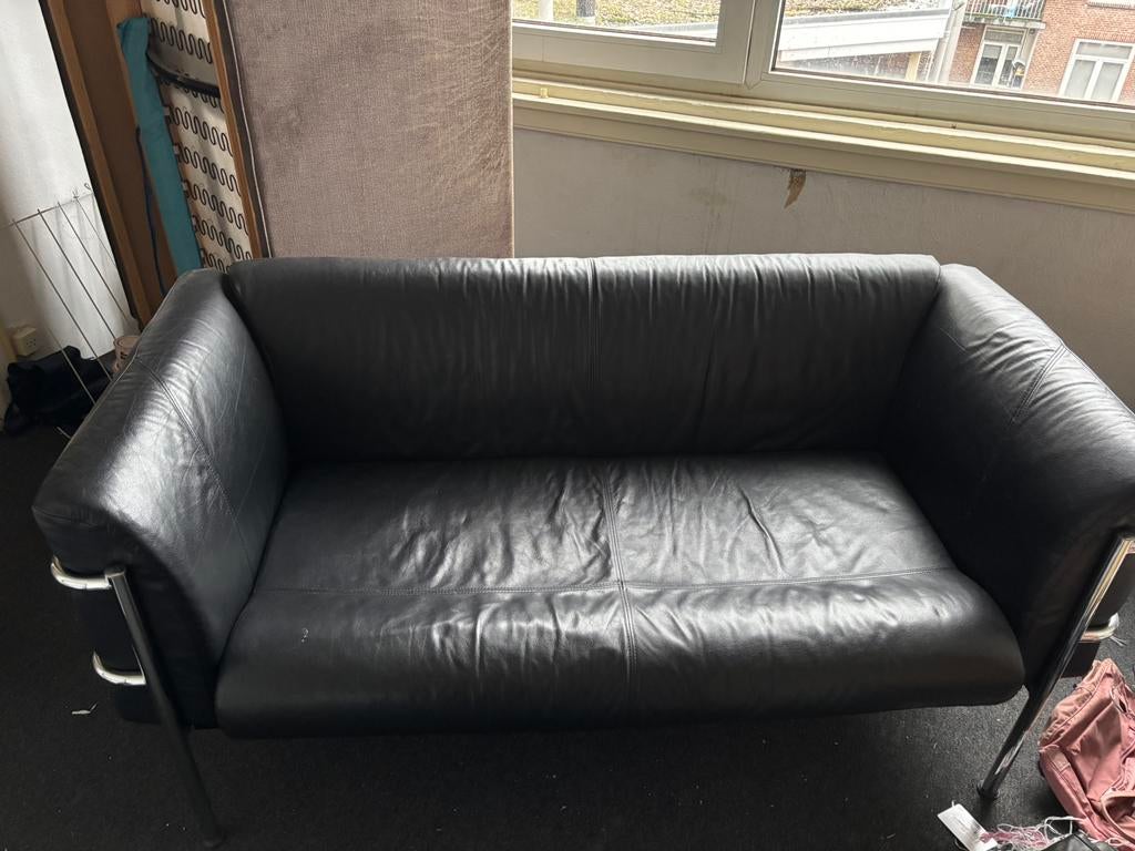 Design leren 2-zits bank, zwart leer & stalen frame, Ophalen, Gebruikt, Minder dan 75 cm, 150 tot 200 cm