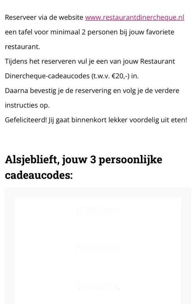 3 x 20 euro korting per code via Restaurant Dinercheque., Tickets en Kaartjes, Kortingen en Cadeaubonnen, Kortingsbon