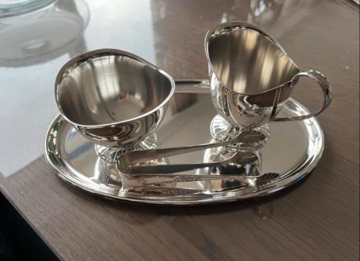 Verzilverd Suiker- en Melkstel met Tang, Antiek en Kunst, Ophalen of Verzenden, Zilver