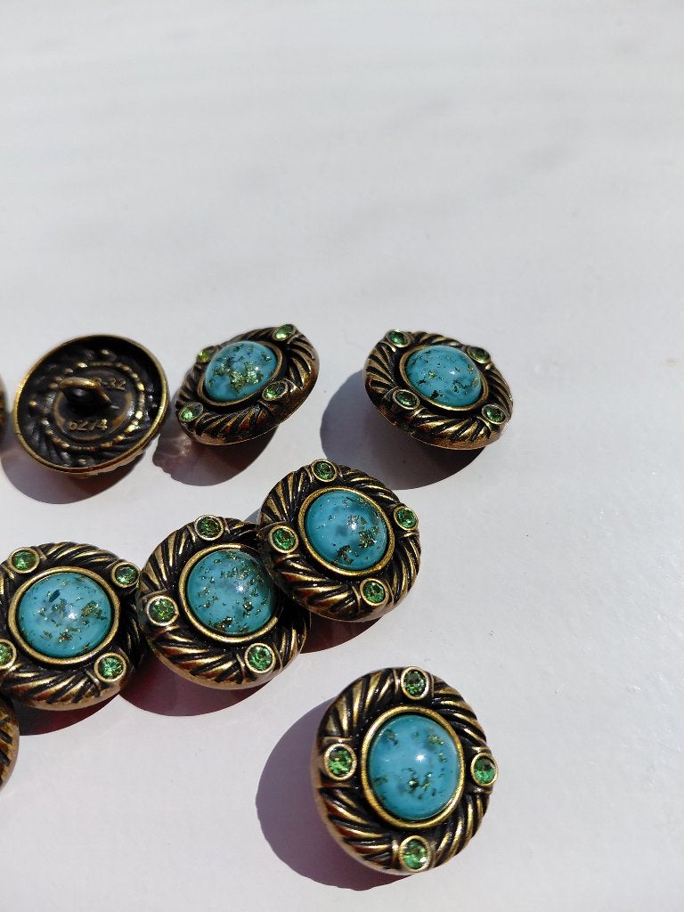 10 metalen knopen met strepen en strass groen, Ophalen of Verzenden, Nieuw, Knoop of Knopen