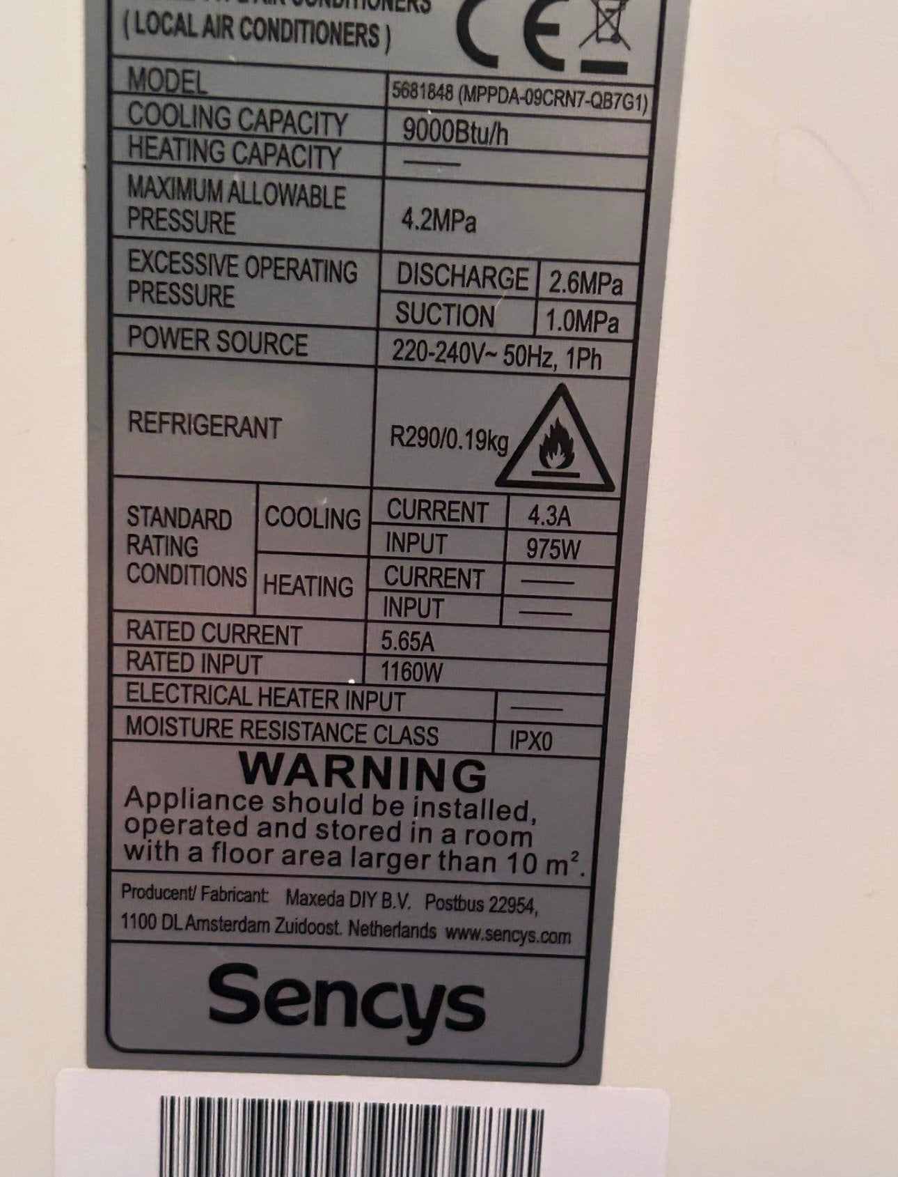 Sencys 9000 BTU Mobiele Airco - koelt super, Ophalen, Minder dan 60 m³, 3 snelheden of meer, Zo goed als nieuw