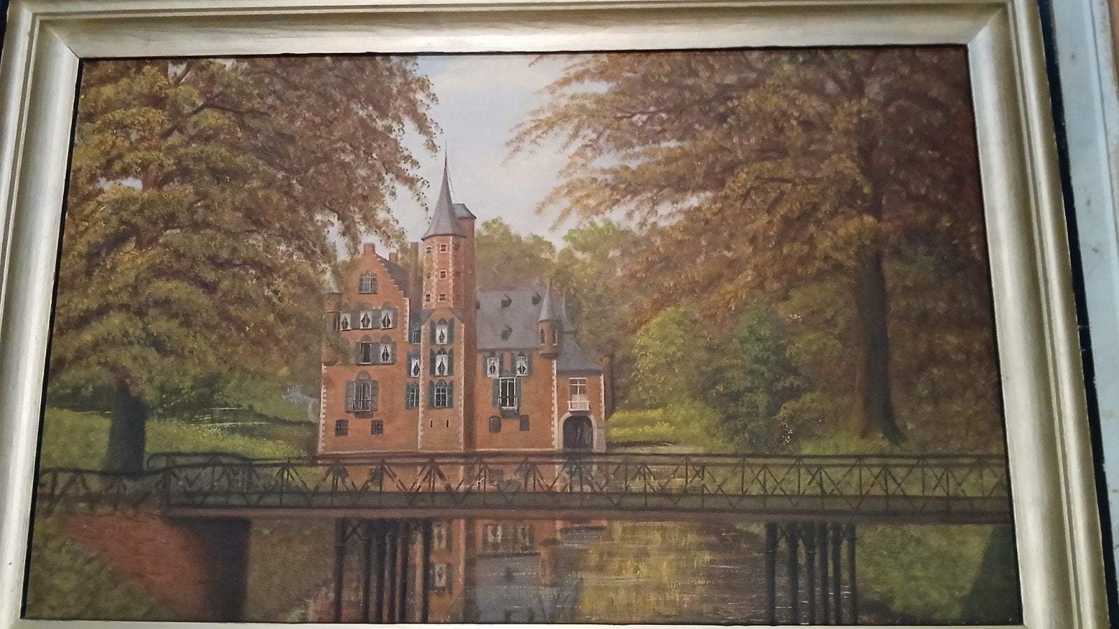Klassiek olieverfschilderij van kasteel met brug, Doek, Origineel werk, Ophalen of Verzenden, Olieverf