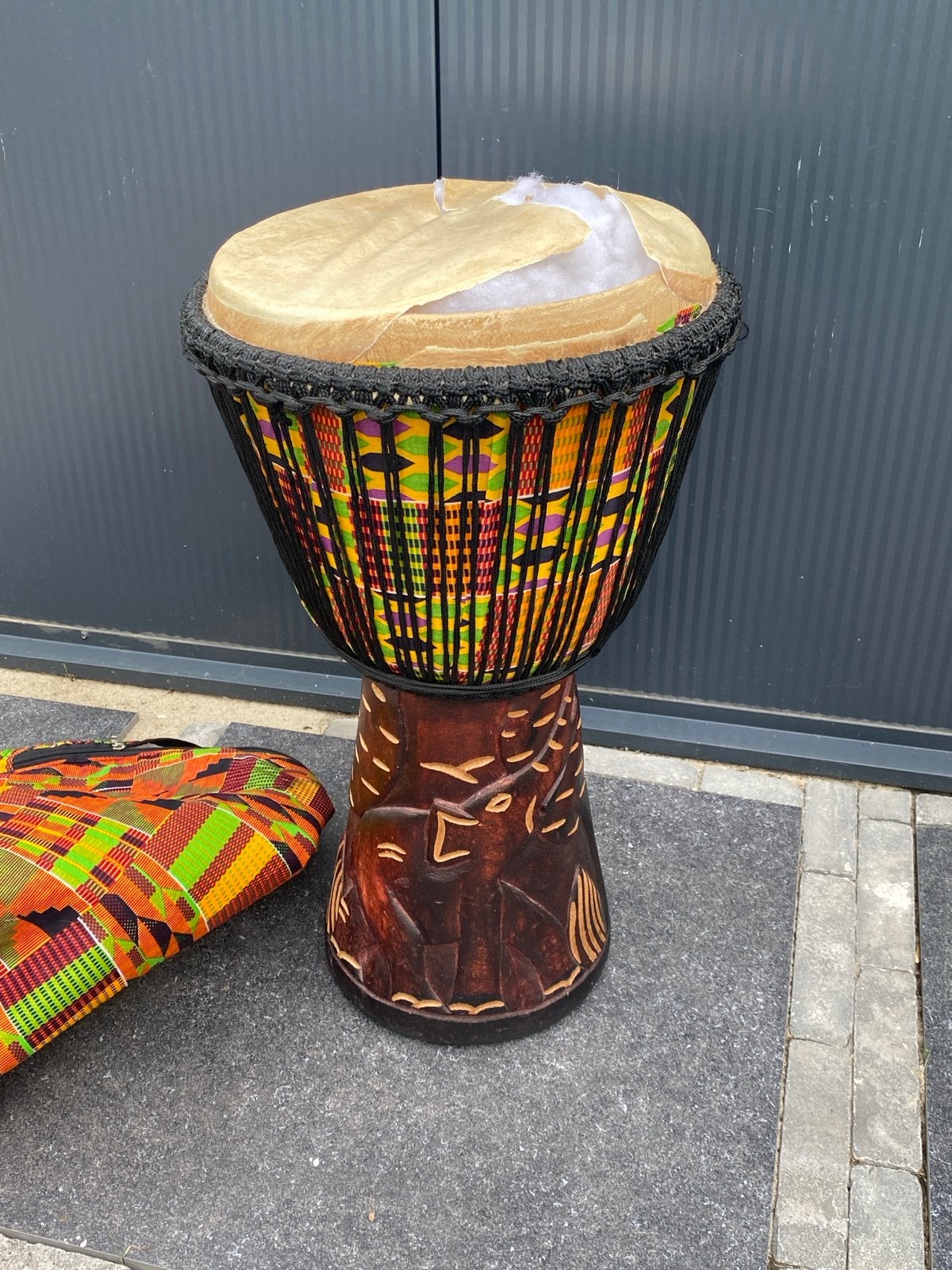 Mooie Djembé met Afrikaanse patronen en draagtas, Ophalen, Gebruikt, Overige merken