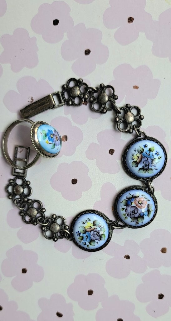 Vintage Handgeschilderde Finift Emaille Sieradenset, Ophalen of Verzenden, Zo goed als nieuw, Zilver, Overige materialen