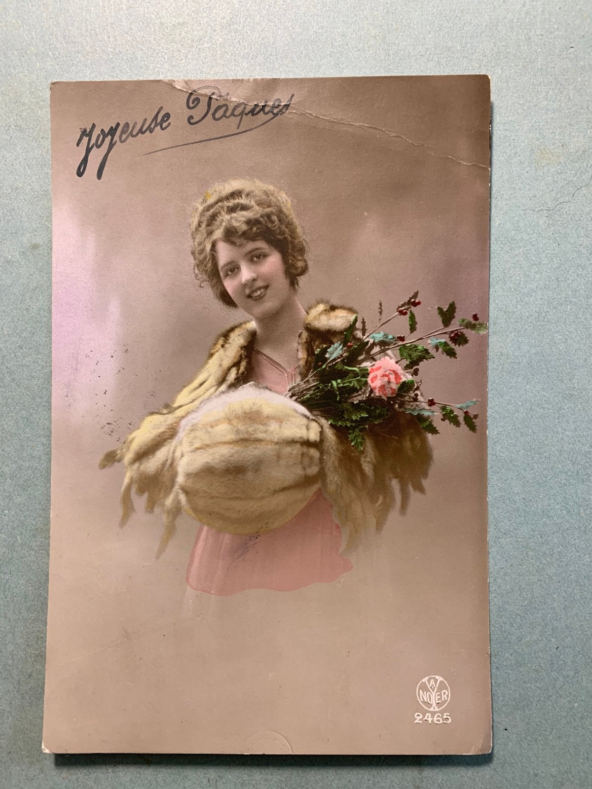 Joyeuses Pâques - dame met bontmof, Ophalen of Verzenden, 1920 tot 1940, Gelopen, Feest(dag)