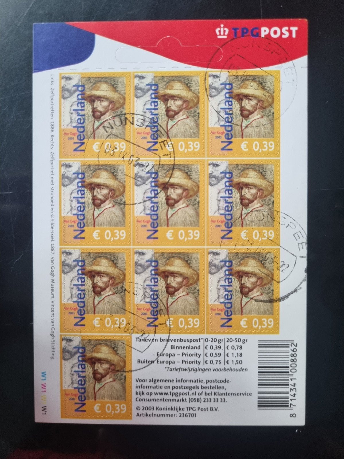 Hangkaartje NVPH V2139a gestempeld, Postzegels en Munten, Ophalen of Verzenden