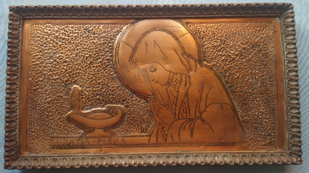 ~1920 Hollandse Arts & Crafts koperen plaat, Gratia Plena, Ophalen of Verzenden