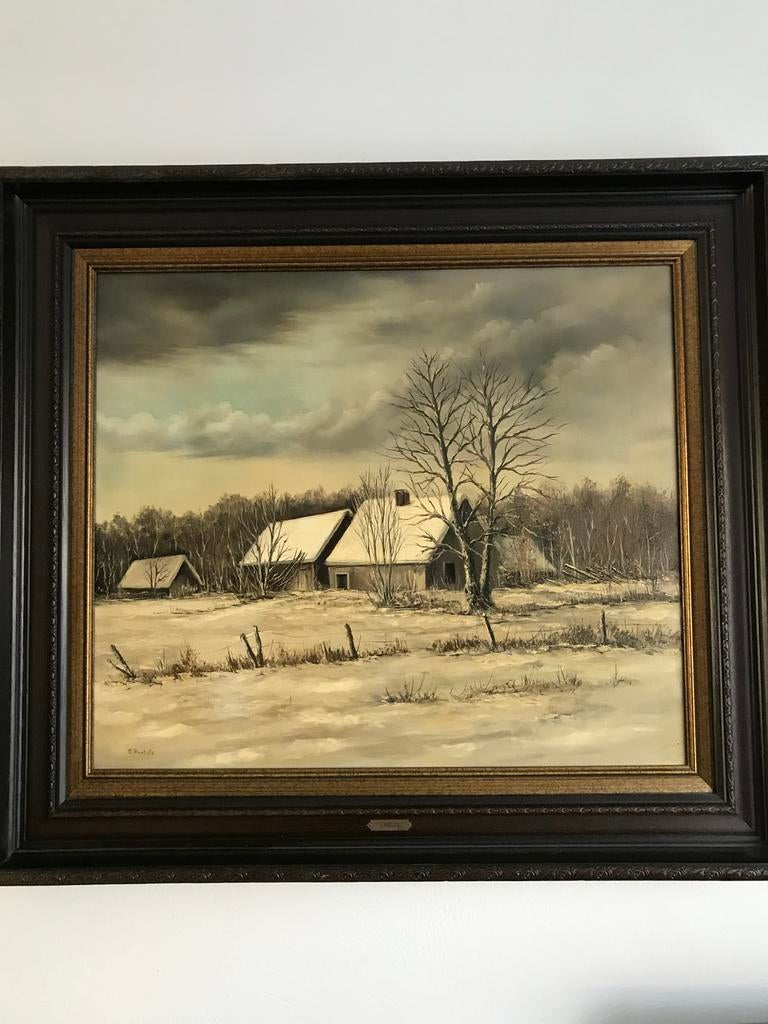 Olieverf Schilderij Winterlandschap met Eikenhouten Lijst, Antiek en Kunst, Kunst | Schilderijen | Klassiek, Ophalen of Verzenden