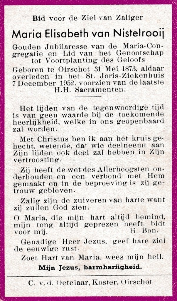 Nistelrooij Maria 1873 Oirschot 1952, Ophalen of Verzenden, Bidprentje