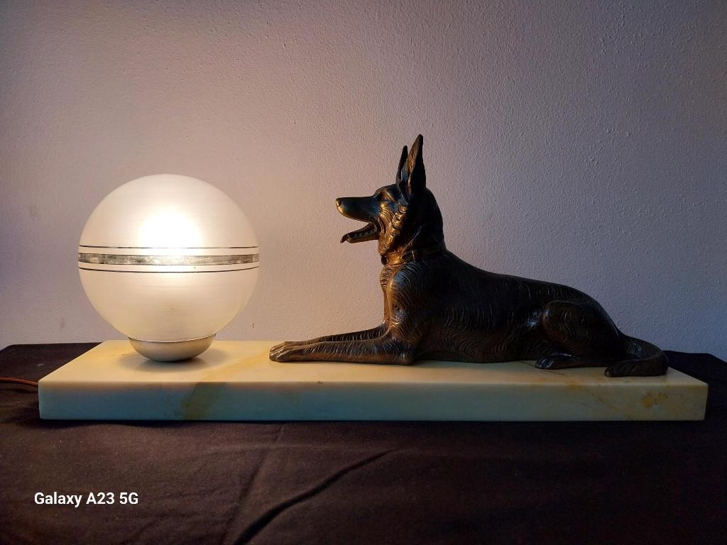 Vintage tafellamp Duitse herder op marmer Art Deco, Ophalen of Verzenden