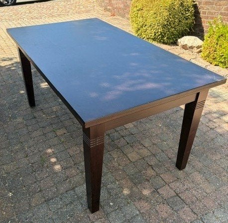 Houten eetkamertafel met 4 suède stoelen + bijzettafeltje, Ophalen, Gebruikt, 50 tot 100 cm, 150 tot 200 cm