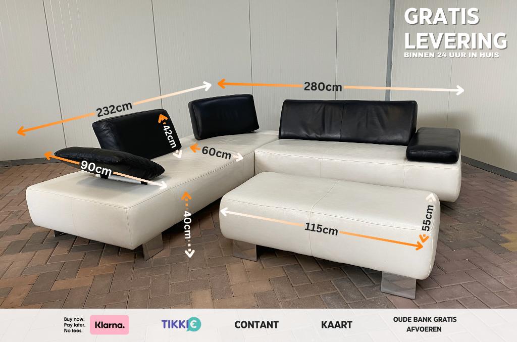 Montèl Witte Leren Hoekbank met Hocker - Gratis Levering, Huis en Inrichting, Banken | Bankstellen, 100 tot 125 cm, Hoekbank, Leer