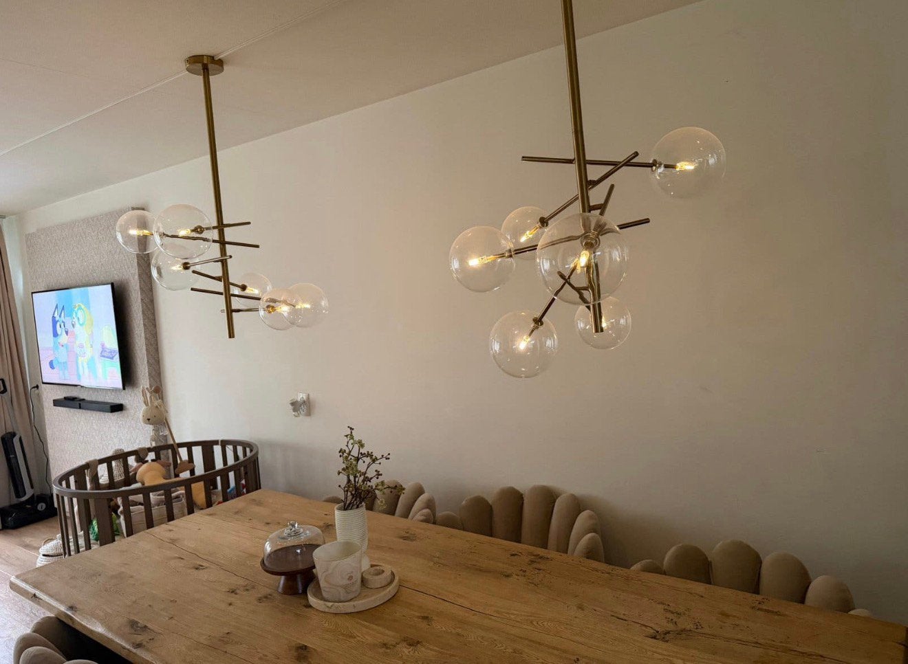 2 Gouden Hanglampen met Glazen Bollen – Label6 – Design, Ophalen, Zo goed als nieuw