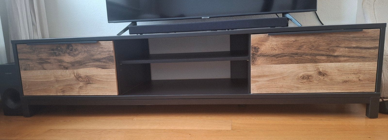 MOET WEG! TV-dressoir Luc - antraciet/eiken - 44x185x48, Ophalen, Gebruikt, 150 tot 200 cm, Minder dan 100 cm