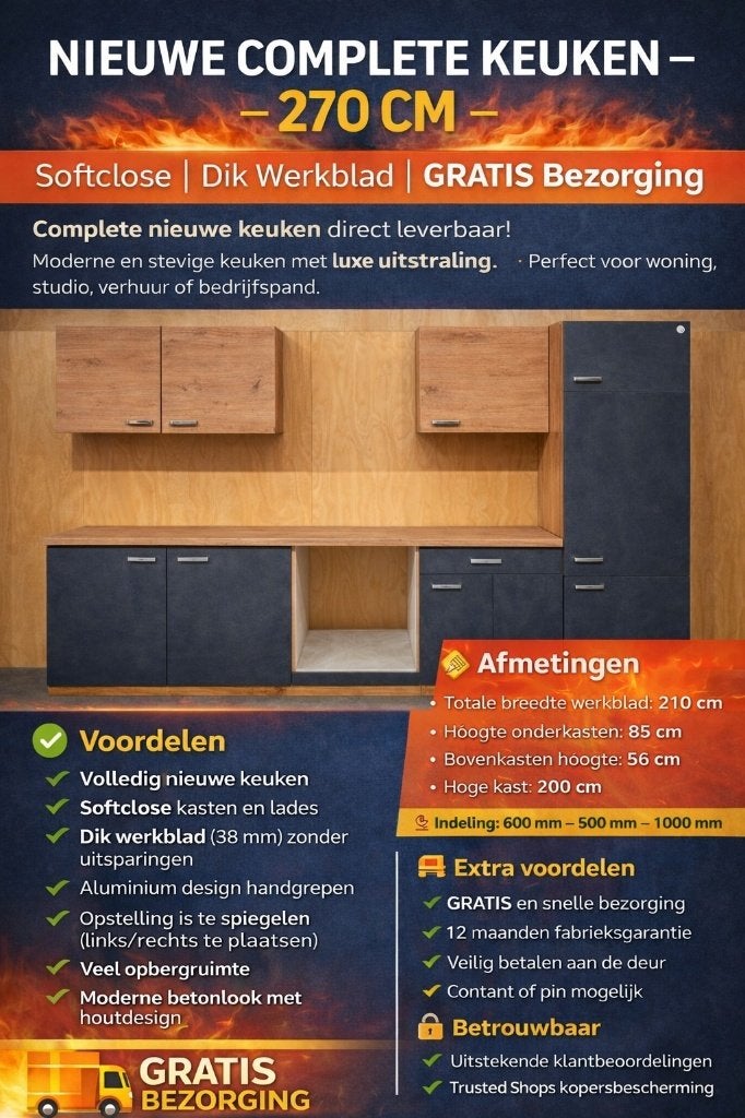 keuken nieuw softclose dik blad alu handgrepen 270 cm SALE, Overige materialen, Nieuw, Enkelwandige keuken, Ophalen of Verzenden
