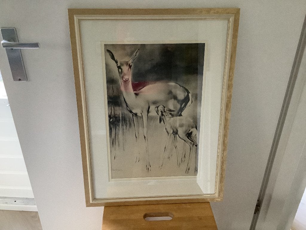Tekening hert met jong van Han van Meegeren, Ophalen, Ets, Overige technieken, Achter glas