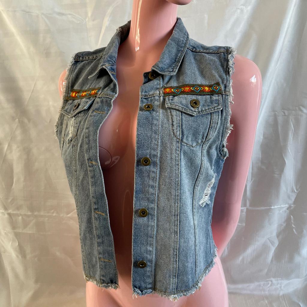 BOHO cropped jeans jasje mouwloos maat  36 / 38, Blauw, Ophalen of Verzenden, Jasje, Maat 36 (S)