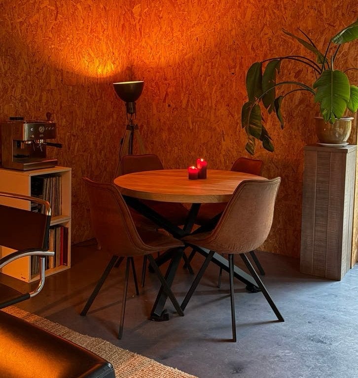 Design Eettafel Eiken, Huis en Inrichting, Tafels | Eettafels, Nieuw, 100 tot 150 cm, Rond, Eikenhout, Ophalen of Verzenden