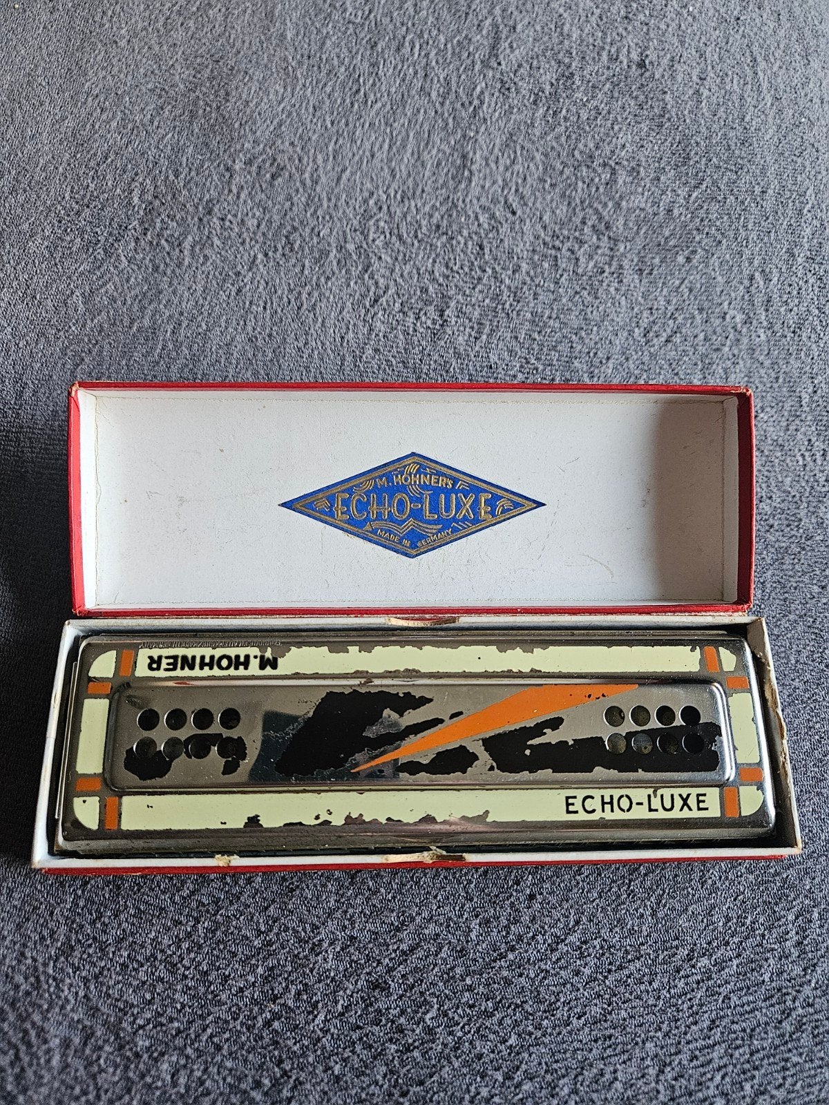Vintage M. Hohner Echo-Luxe Mondharmonica met doosje, Gebruikt, C-mondharmonica, Ophalen of Verzenden, Met koffer of doosje