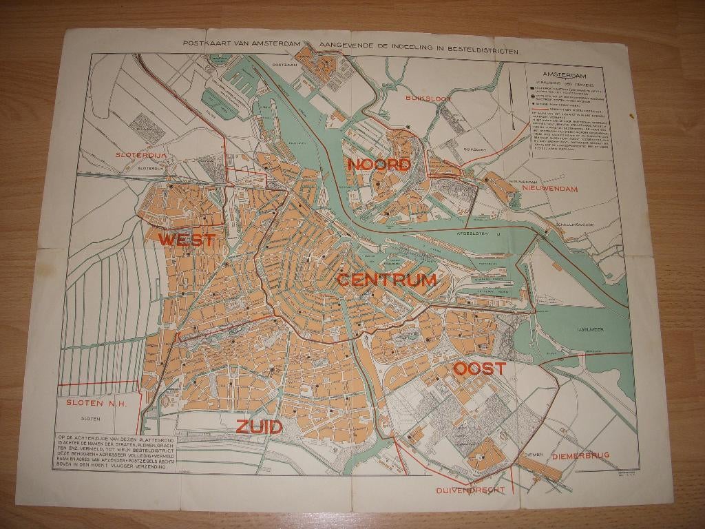 Plattegrond Postkaart A'dam indeling besteldistricten 1937, Gelezen, PTT, Posterijen, Post NL., Ophalen of Verzenden, Landkaart