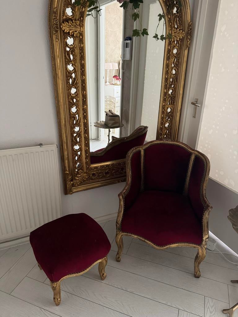 Queen Ann Stijl Stoel en Voetenbankje - Bordeauxrood, Ophalen, Gebruikt, 75 tot 100 cm, 50 tot 75 cm