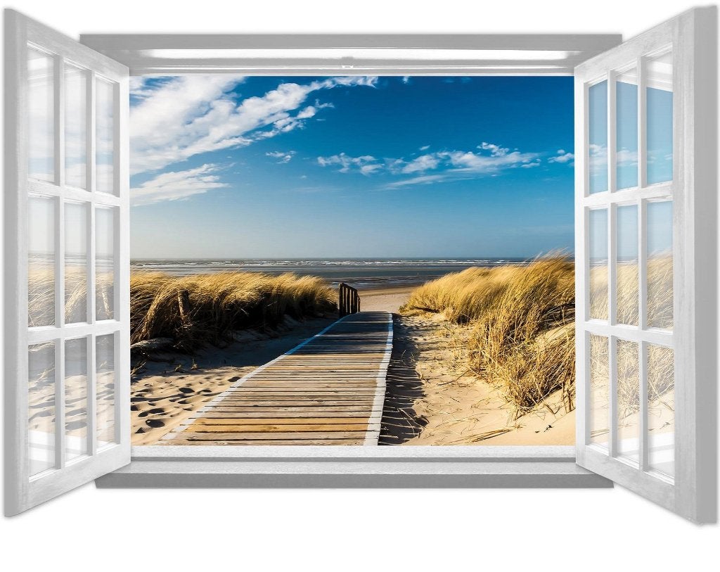 Raam strand fotobehang loopplank, 201x145, Fotobehang4you, Huis en Inrichting, Stoffering | Behang, Verzenden