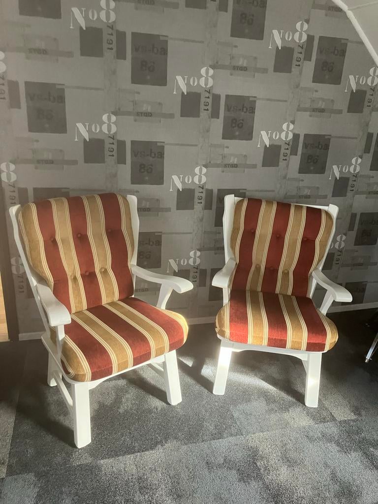 Set van 2 gestreepte stoelen met witte houten frames, Huis en Inrichting, Stoelen, Ophalen, Gebruikt, Twee, Overige kleuren