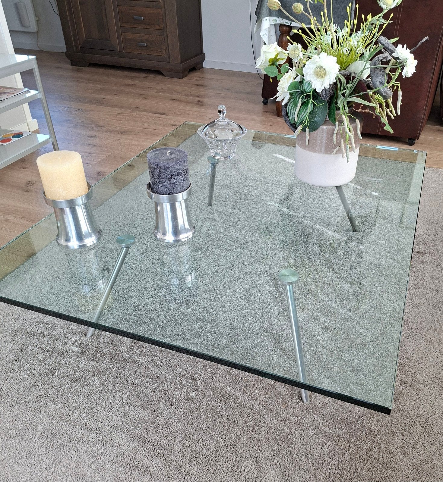 Glazen design salontafel 120 x 100, Ophalen, 100 tot 150 cm, 50 tot 100 cm, Glas