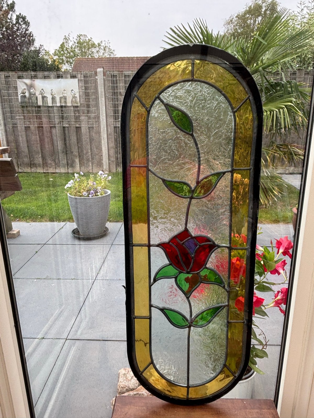 Decoratief glas in lood paneel, roosmotief, dubbel glas, Ophalen, Gevelraam of Ruit, Gebruikt, Minder dan 80 cm