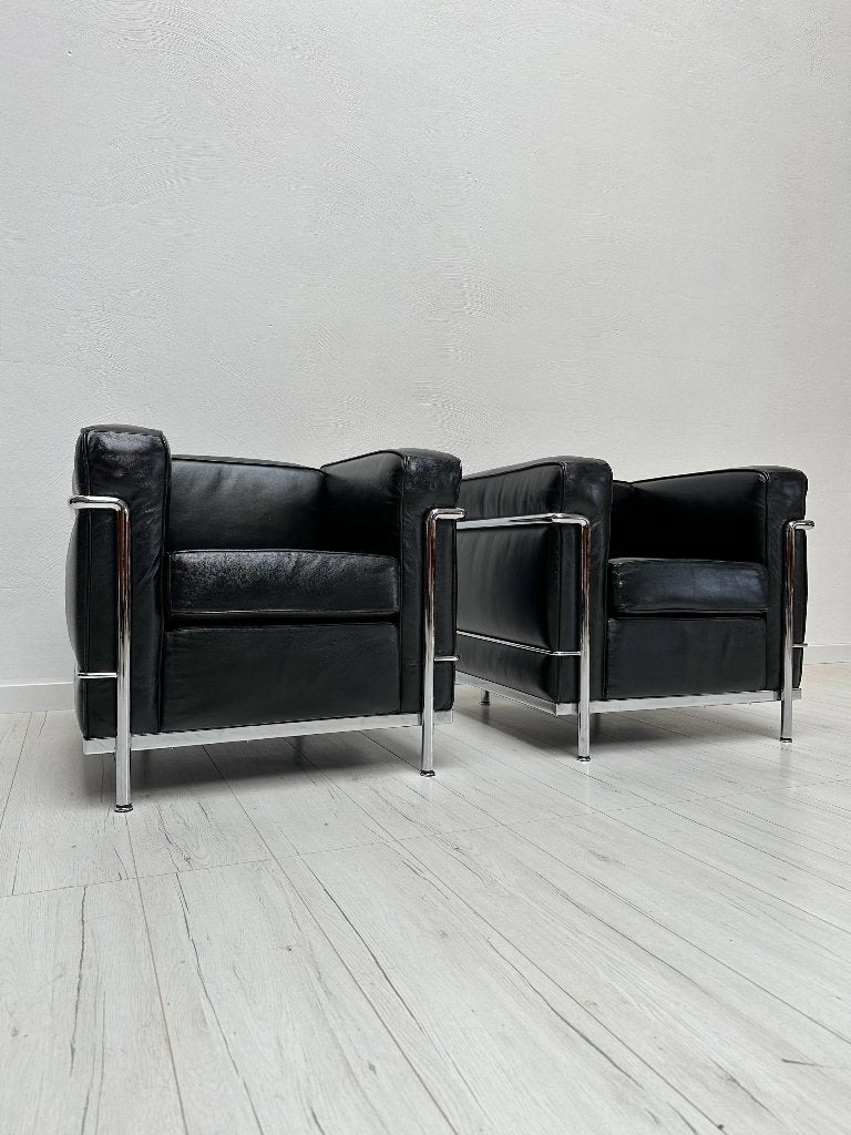 2x Cassina LC2 leren fauteuils Le Corbusier vintage jaren 90, Ophalen of Verzenden, Zo goed als nieuw, Leer, Vintage