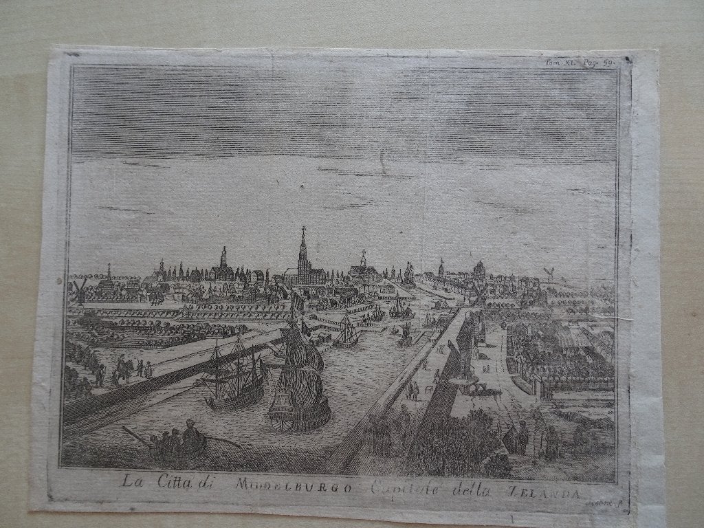 kopergravure Zicht op Middelburg met schepen 1743, F. Sesone, Antiek en Kunst, Kunst | Etsen en Gravures, Stadsgezicht, Ophalen of Verzenden