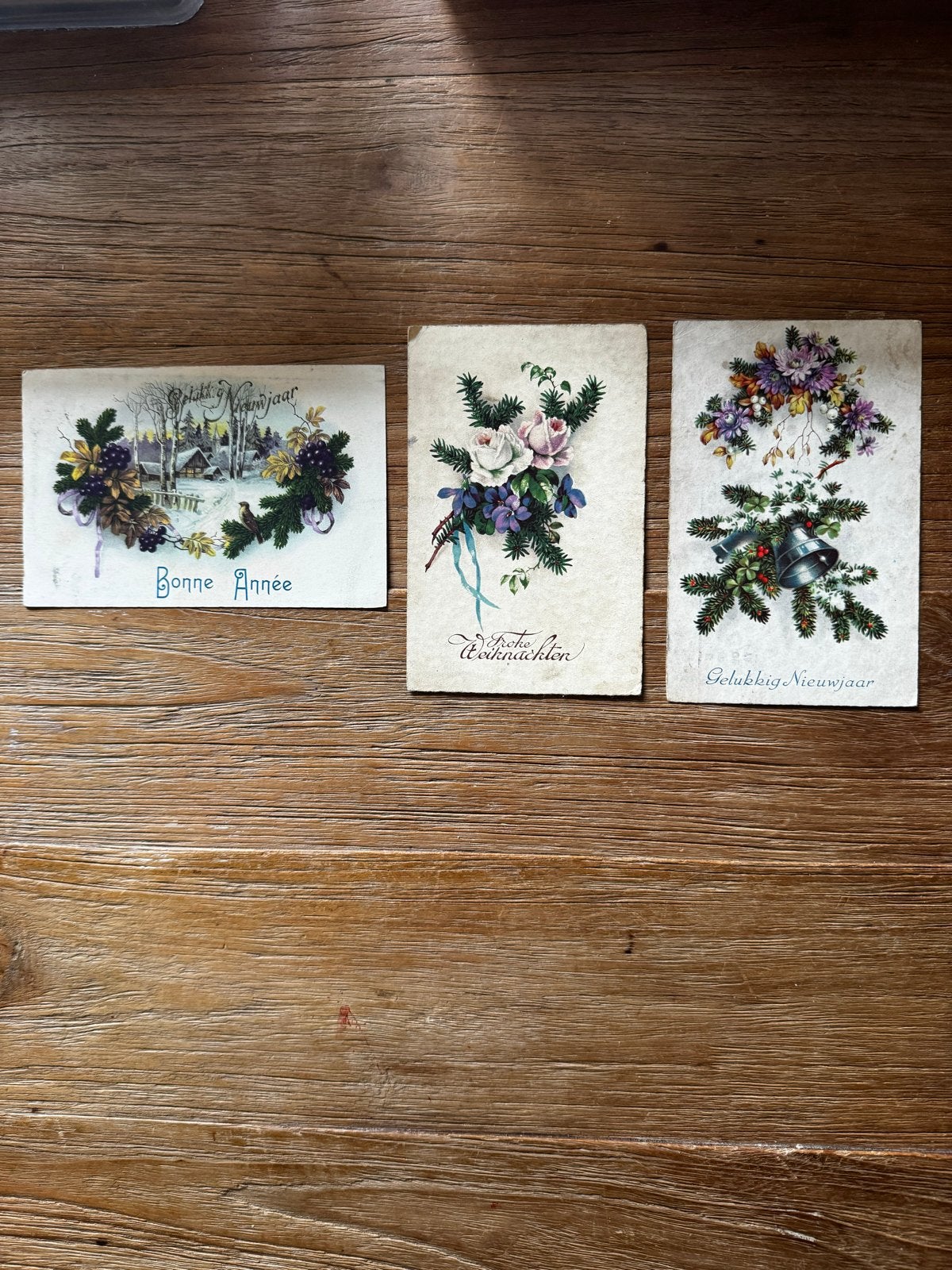 3 vooroorlogse kaarten: 2 nieuwjaarskaarten, 1 kerstkaart, Ophalen of Verzenden, 1920 tot 1940, Gelopen, Feest(dag)