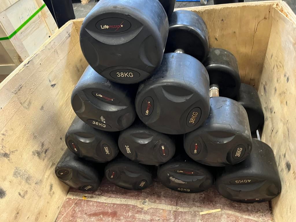 Lifemaxx rubberen fixed dumbbells 32-34 of 38 kg gewichten, Ophalen, Gebruikt, Dumbbells, Lifemaxx