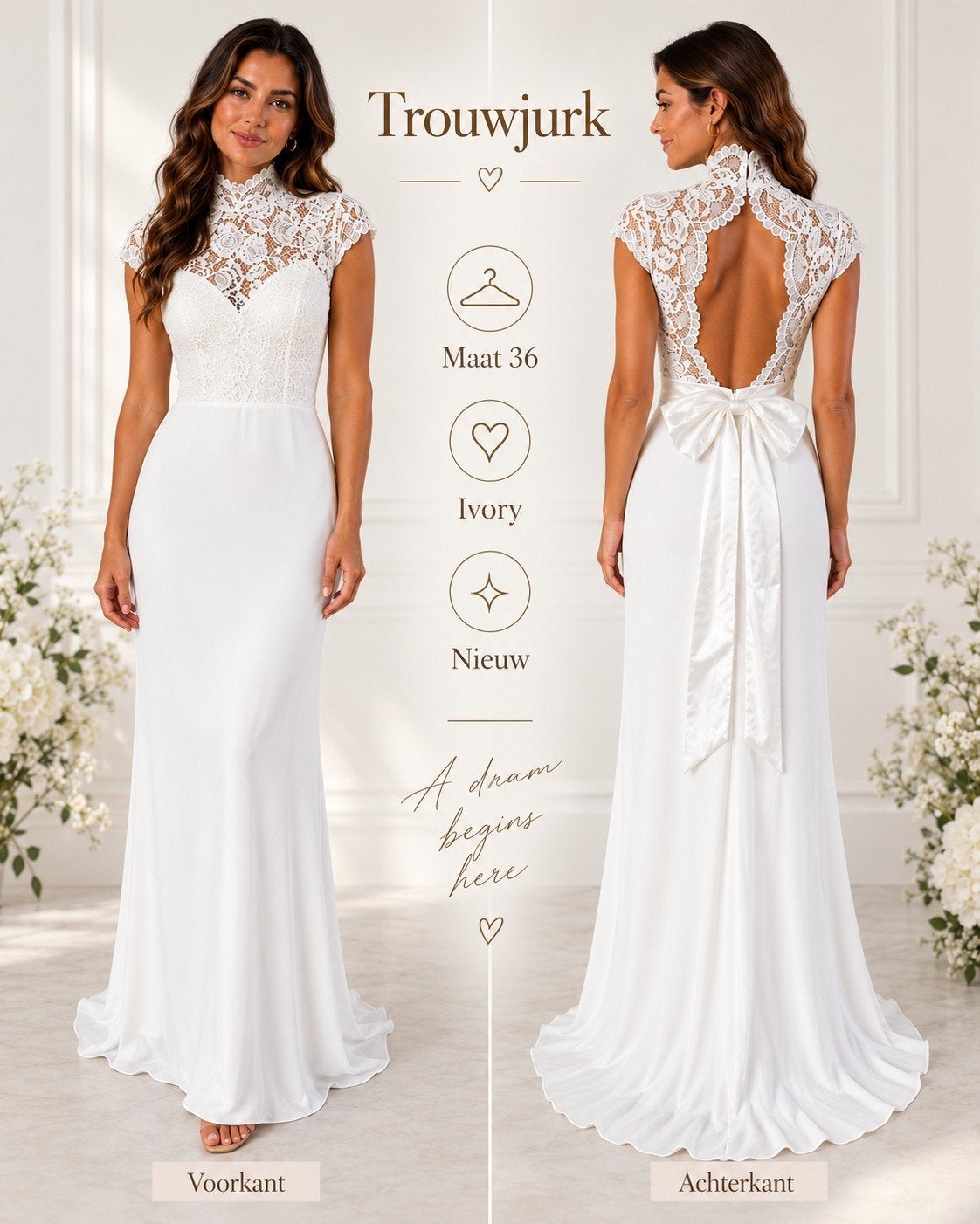 prachtige trouwjurk nieuw ivory kant 36 satijn, Ophalen of Verzenden, Nieuw, Wit, Trouwjurk
