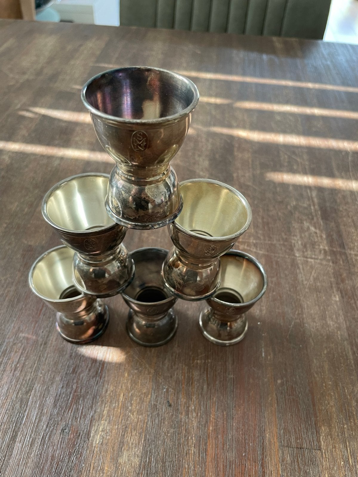 Set van 6 vintage zilveren eierdopjes met initialen, Antiek en Kunst, Ophalen of Verzenden, Zilver