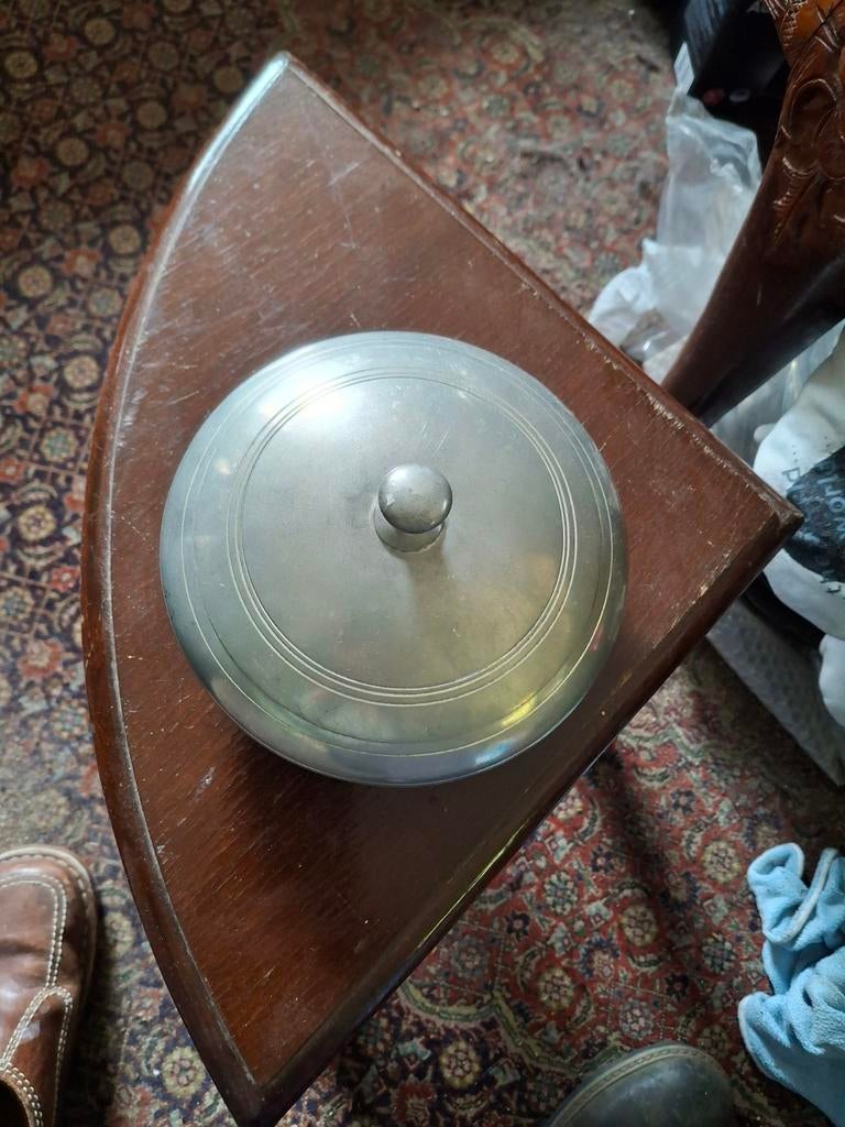 Antieke banka tinnen schaal met deksel en kroonmerk, Antiek en Kunst, Ophalen of Verzenden
