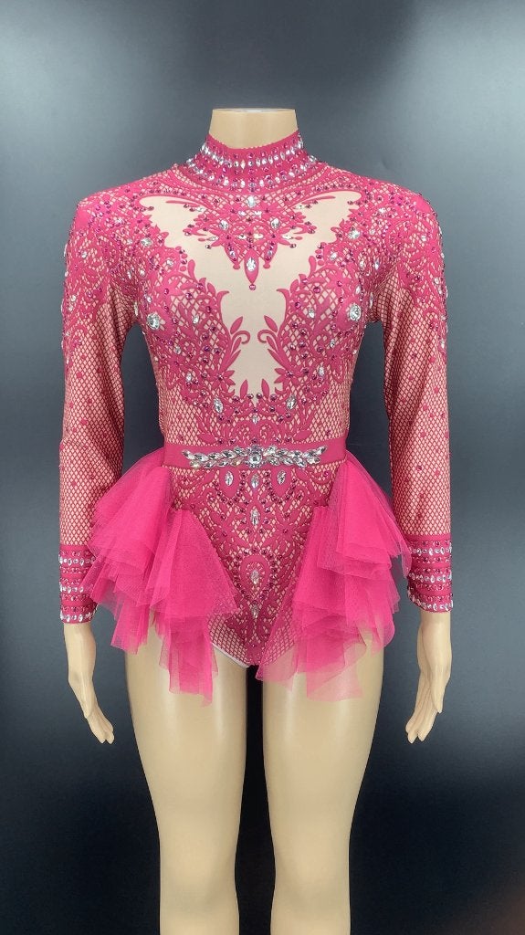 Donker roze dames glitter bodysuit jumpsuit festival romper, Verzenden, Maat 42/44 (L), Nieuw, Overige thema's