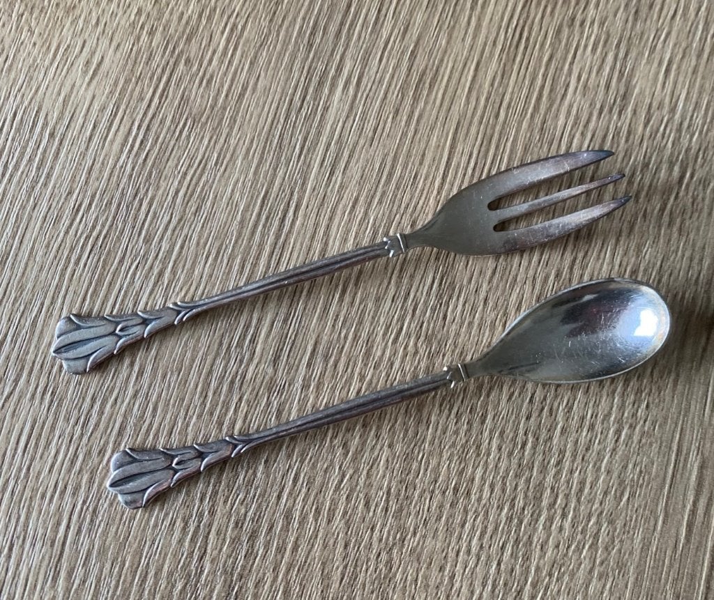 Verzilverde GERO koffielepeltjes en gebaksvorkjes, Ophalen of Verzenden