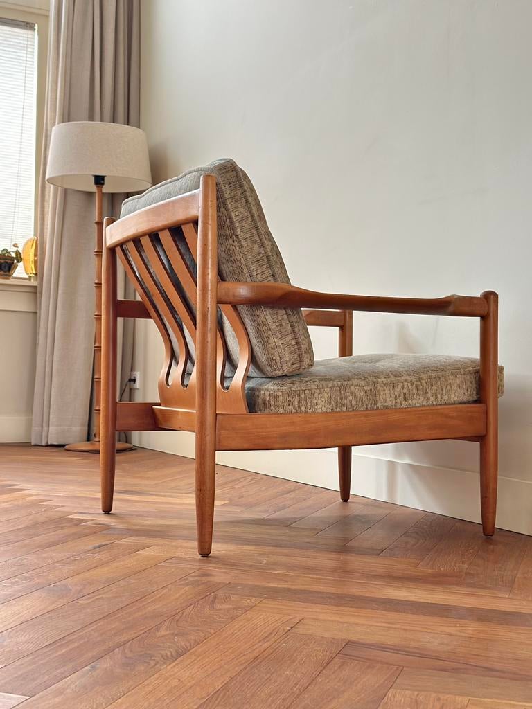 Vintage fauteuil Deens design hout stof jaren 50/60/70, Ophalen, 75 tot 100 cm, Stof, 50 tot 75 cm