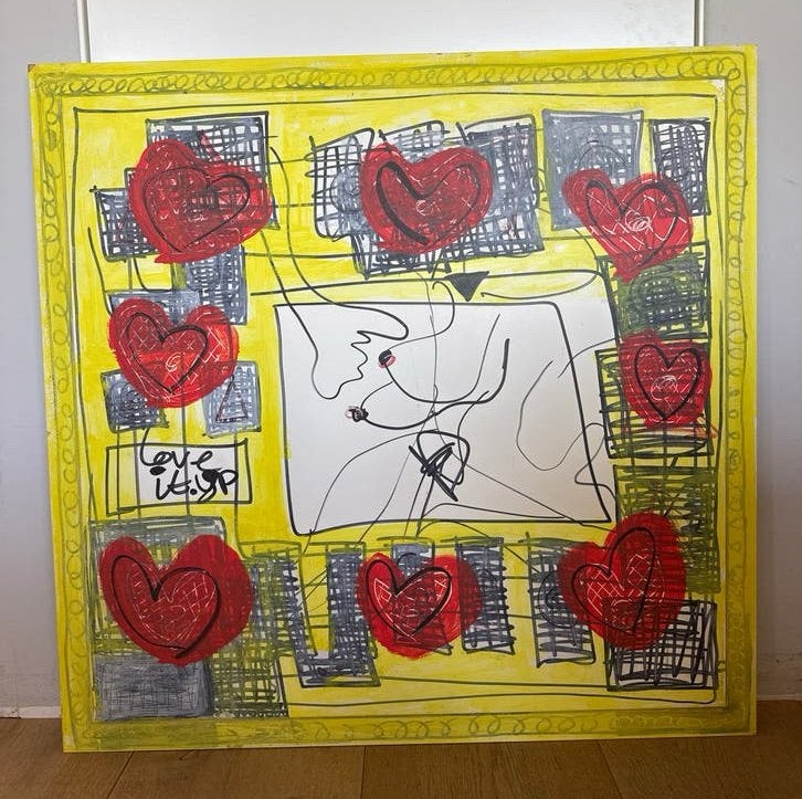 kunstwerk met harten en 'Love It' tekst 90x90, Ophalen, Paneel, Abstract, Origineel werk