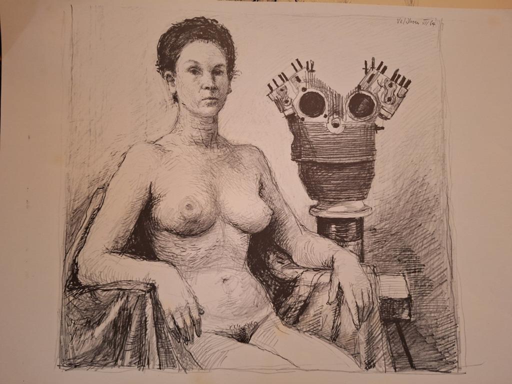 Aad Veldhoen - Lithografie Naaktmodel met Motorblok, Ophalen of Verzenden