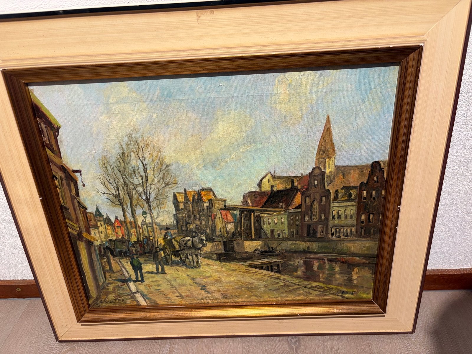 Olieverfschilderij Stadsgezicht aan het water, gesigneerd, Ophalen, Doek, Realistisch, Gesigneerd