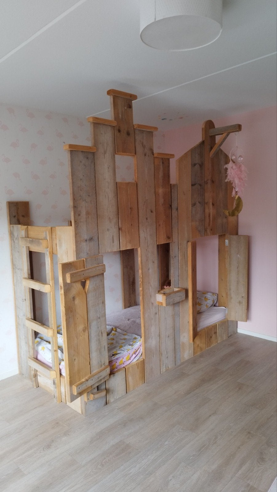 Uniek handgemaakt stapelbed van steigerhout, Huis en Inrichting, Slaapkamer | Stapelbedden en Hoogslapers, Ophalen, Gebruikt, 90 cm