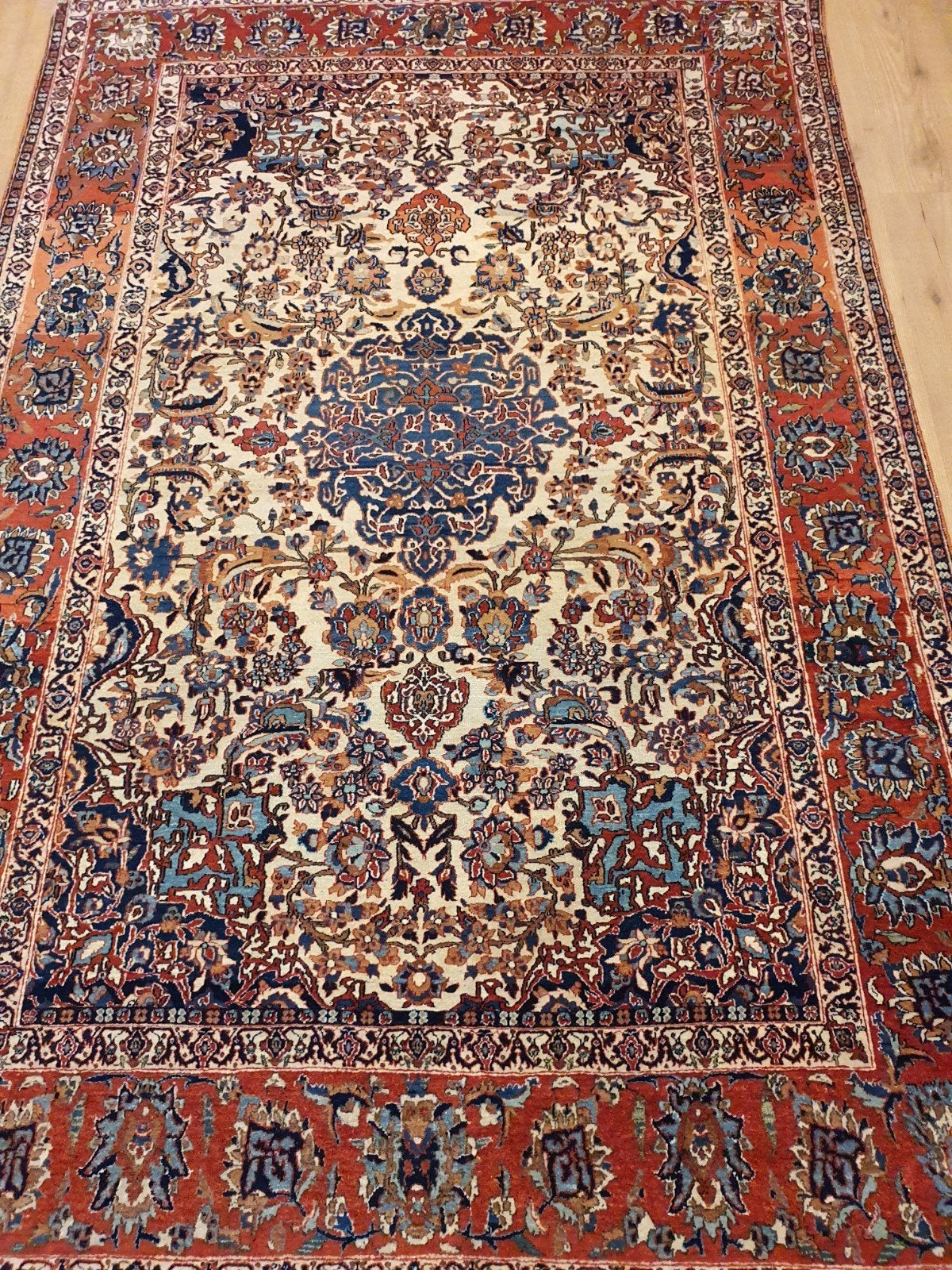 Vintage handgeknoopt oud perzisch tapijt isfahan 225x146, Info@SlatsAntiek.nl, Tweedehands, 100 tot 150 cm, Perzisch
